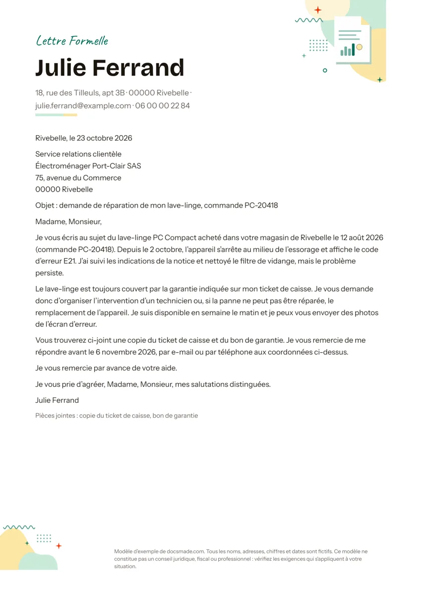Modèle de lettre formelle dans Google Docs, première page