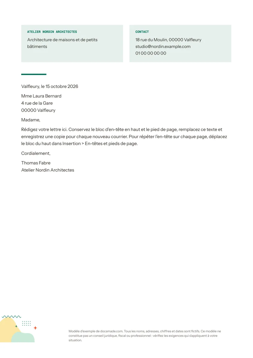 Modèle de papier à en-tête dans Google Docs, première page