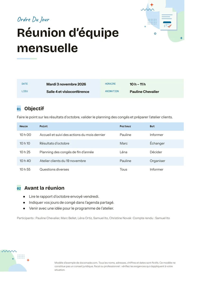 Modèle d'ordre du jour de réunion dans Google Docs, première page