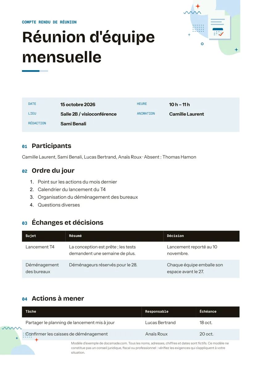 Modèle de compte rendu de réunion dans Google Docs, première page