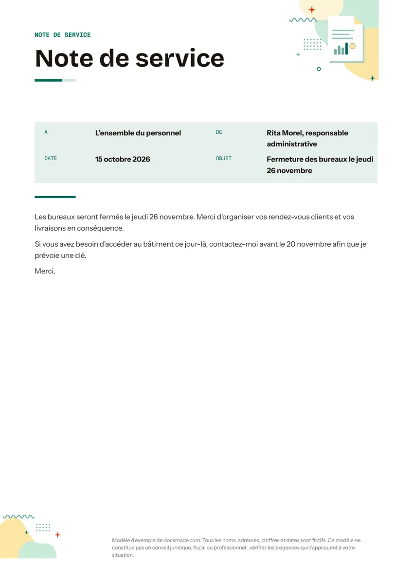 Modèle de note de service dans Google Docs, première page