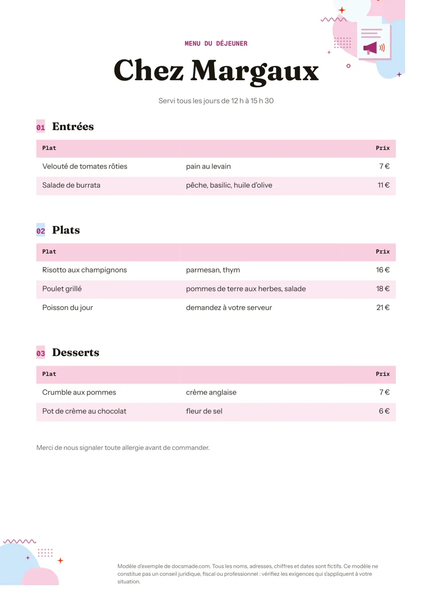 Modèle de menu de restaurant dans Google Docs, première page