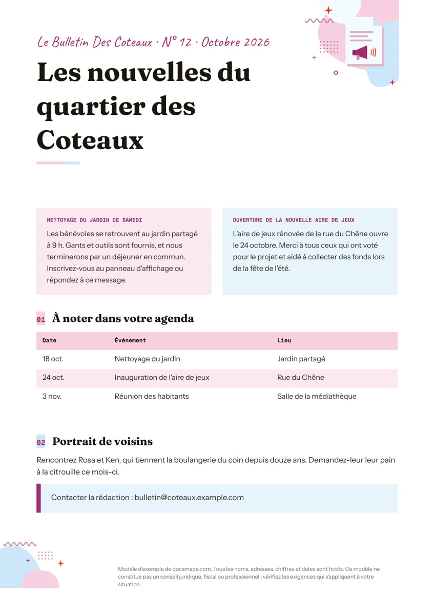 Modèle de newsletter dans Google Docs, première page