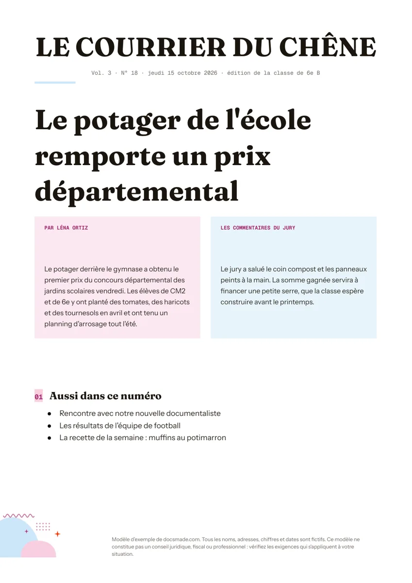 Modèle de journal scolaire dans Google Docs, première page