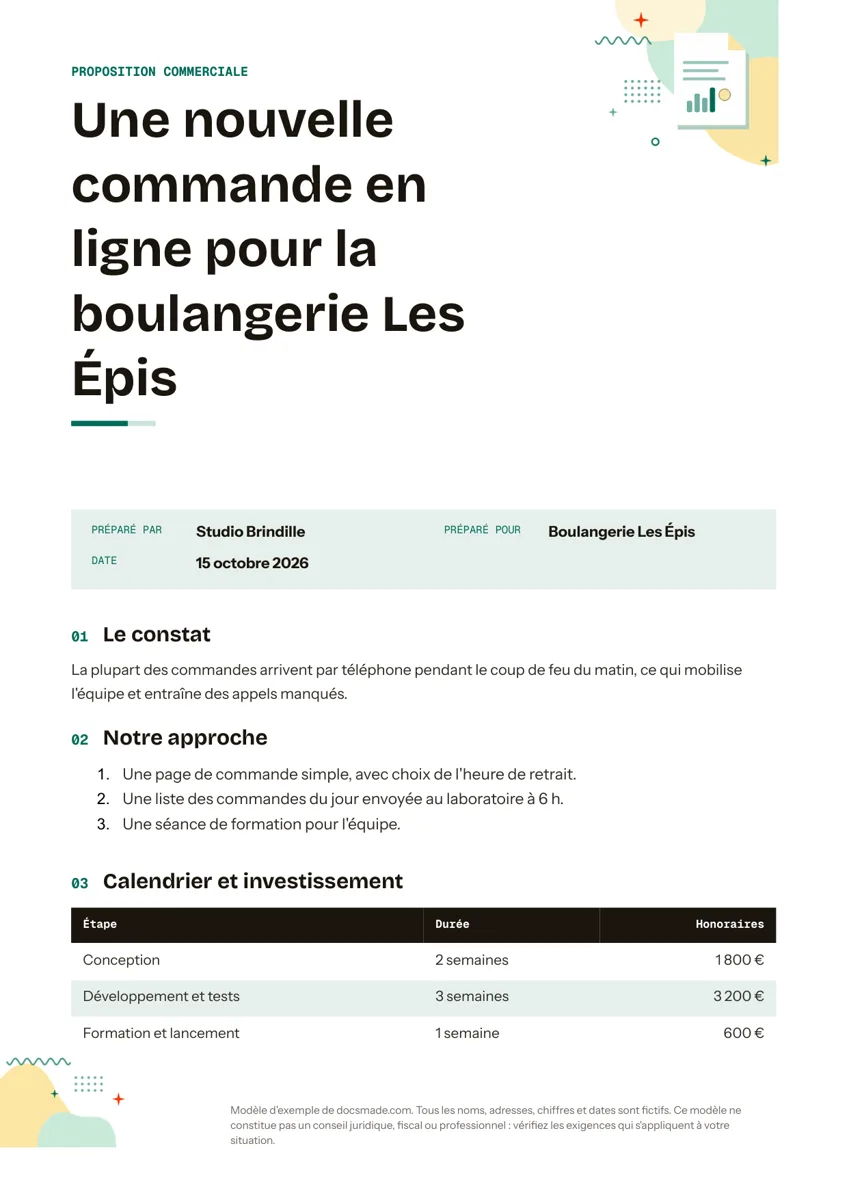 Modèle de proposition commerciale dans Google Docs, première page