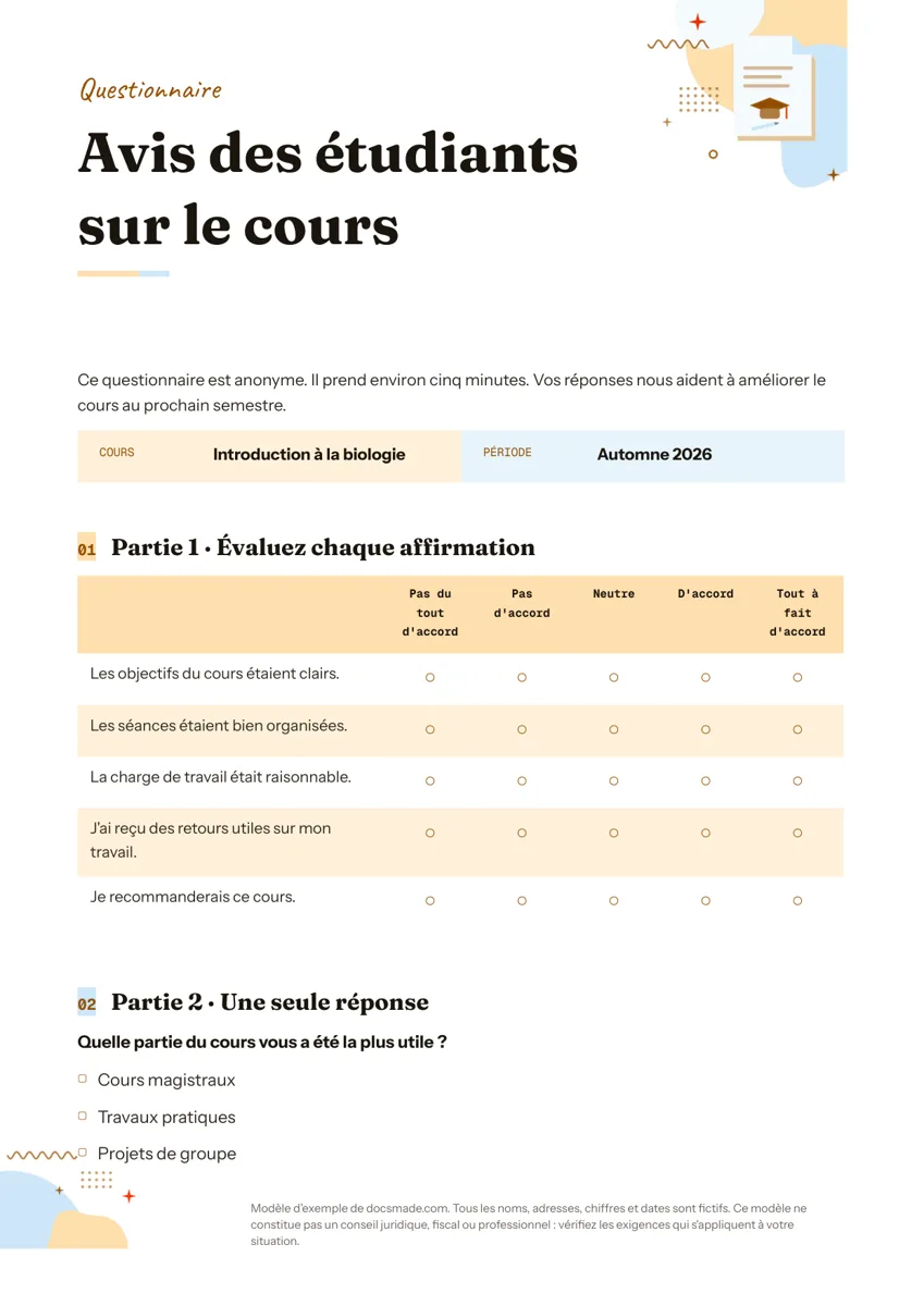 Modèle de questionnaire dans Google Docs, première page