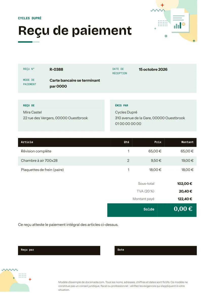 Modèle de reçu de paiement dans Google Docs, première page