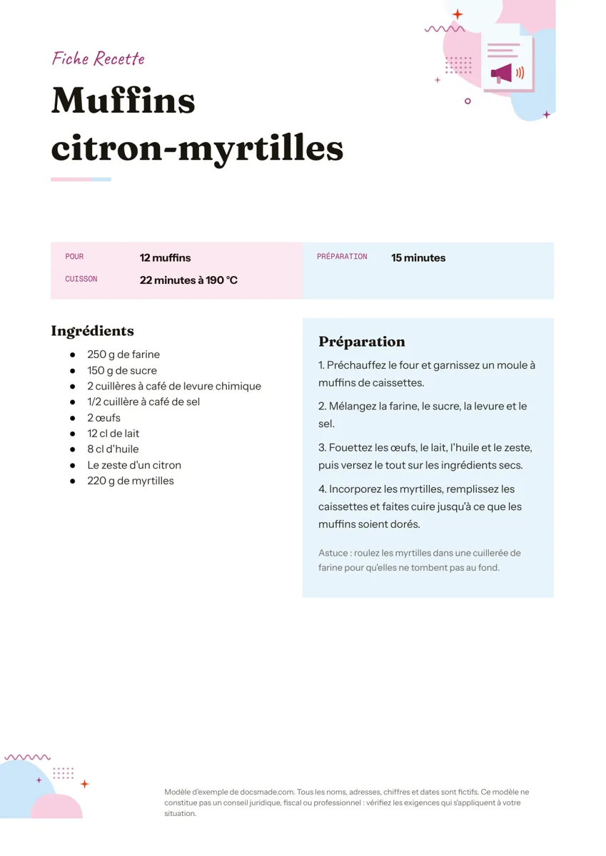 Modèle de fiche recette dans Google Docs, première page