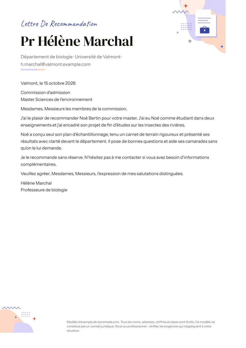 Modèle de lettre de recommandation dans Google Docs, première page