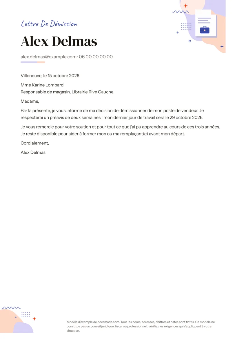 Modèle de lettre de démission dans Google Docs, première page