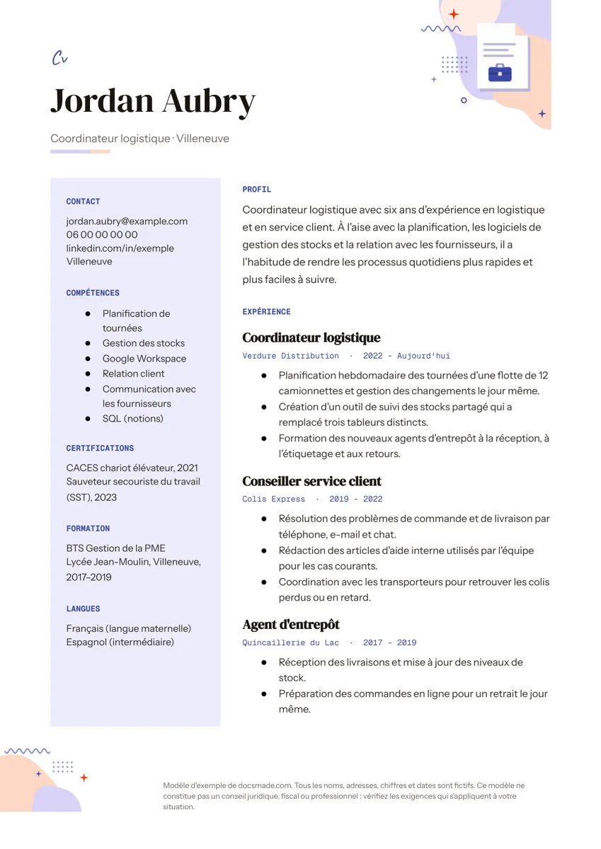 Modèle de CV dans Google Docs, première page