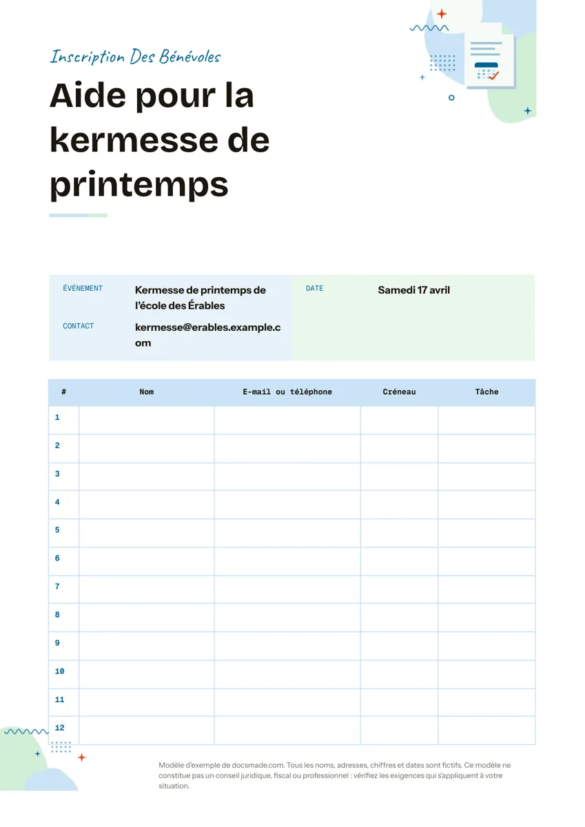 Modèle de feuille d'inscription dans Google Docs, première page