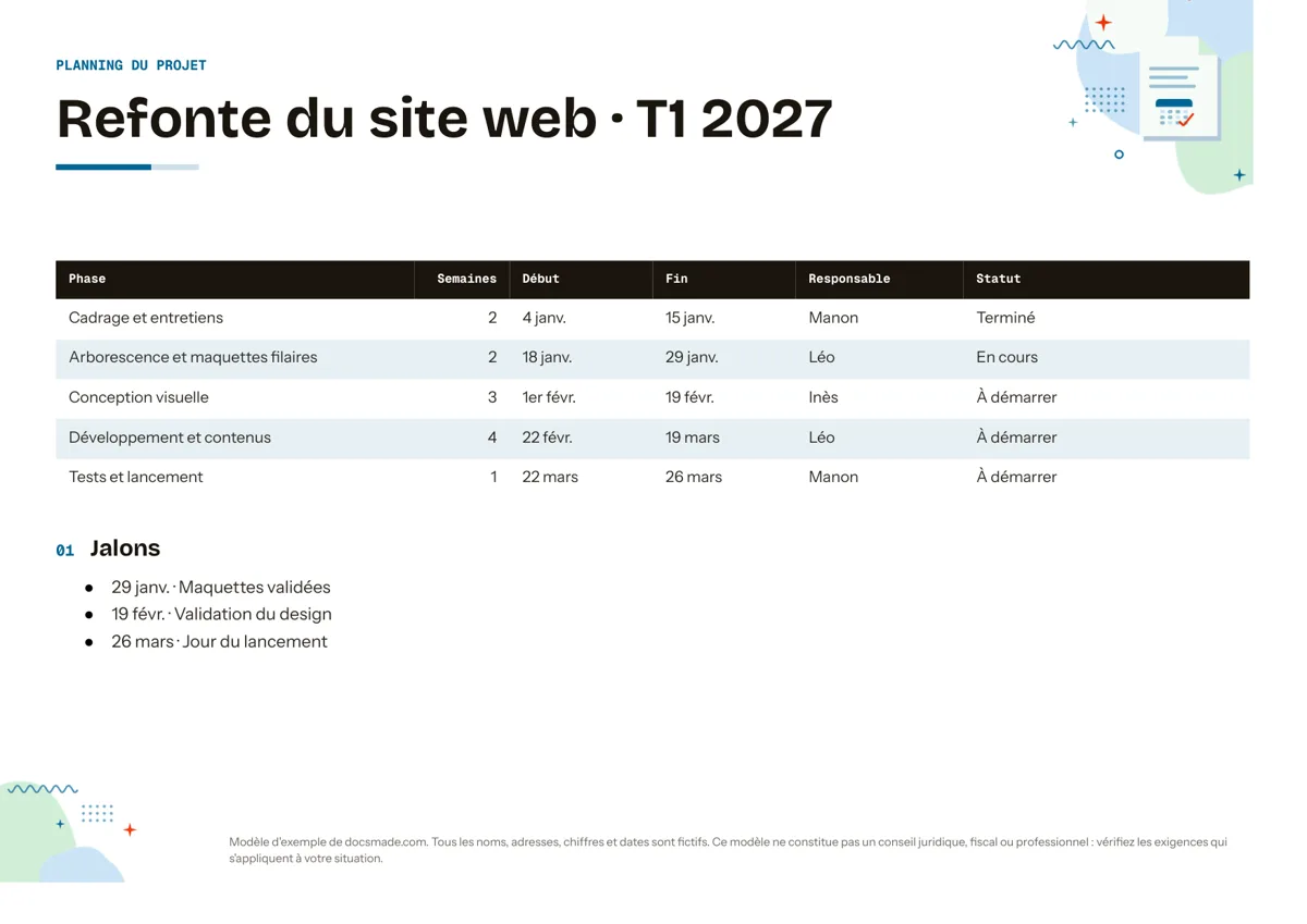 Modèle de rétroplanning de projet dans Google Docs, première page