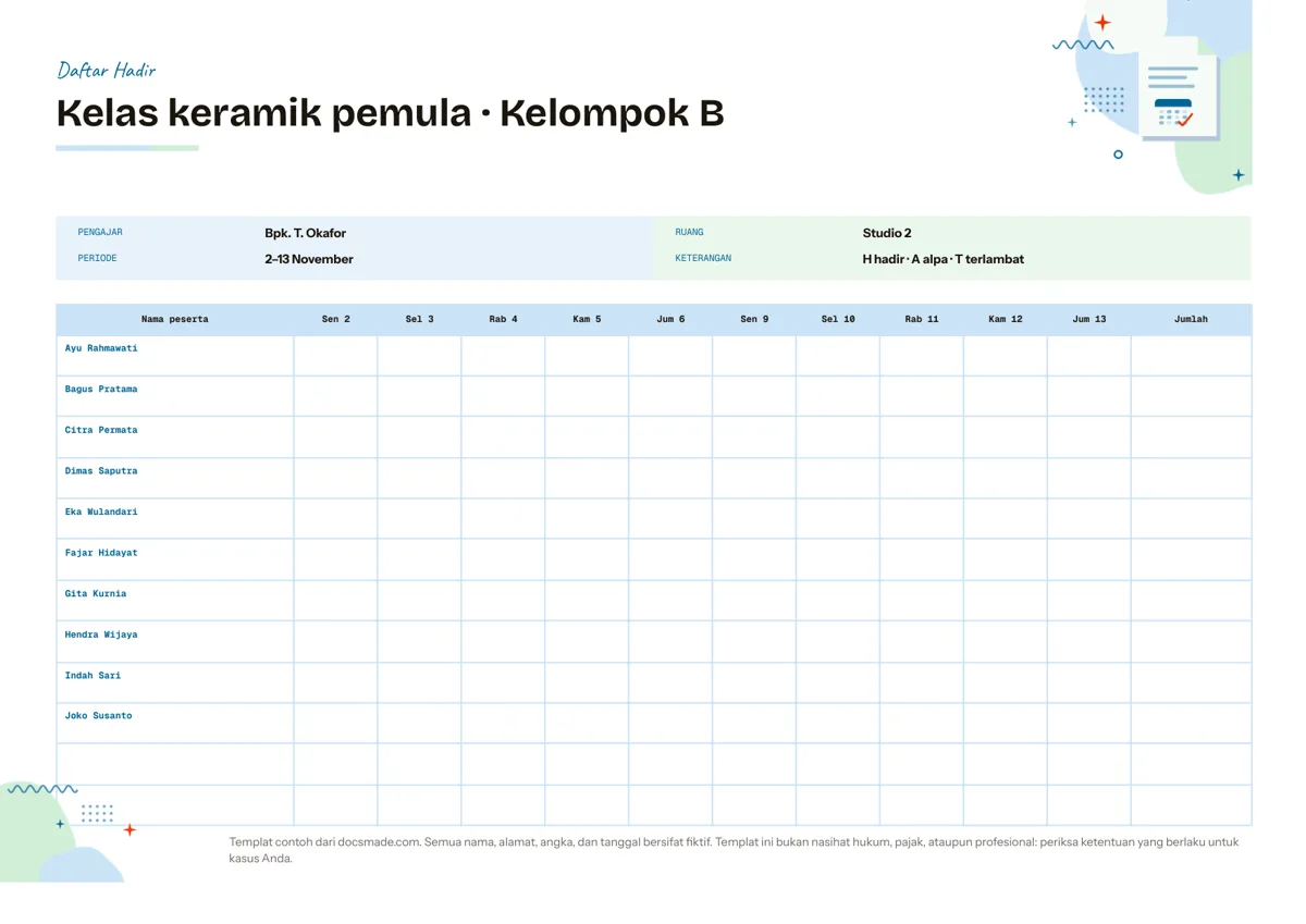Format absensi kelas di Google Docs dengan kolom tanggal dan kode kehadiran