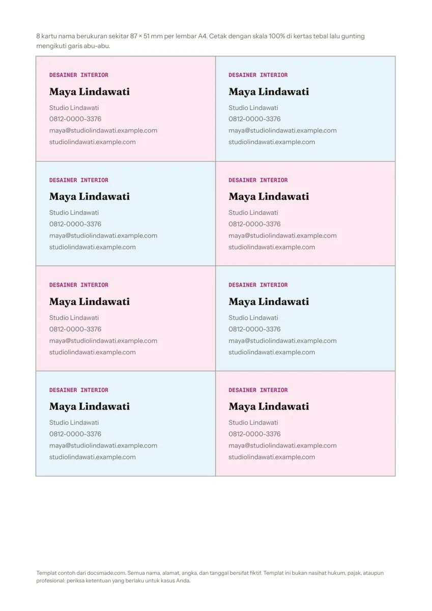 Template kartu nama di Google Docs, delapan kartu dalam satu lembar A4