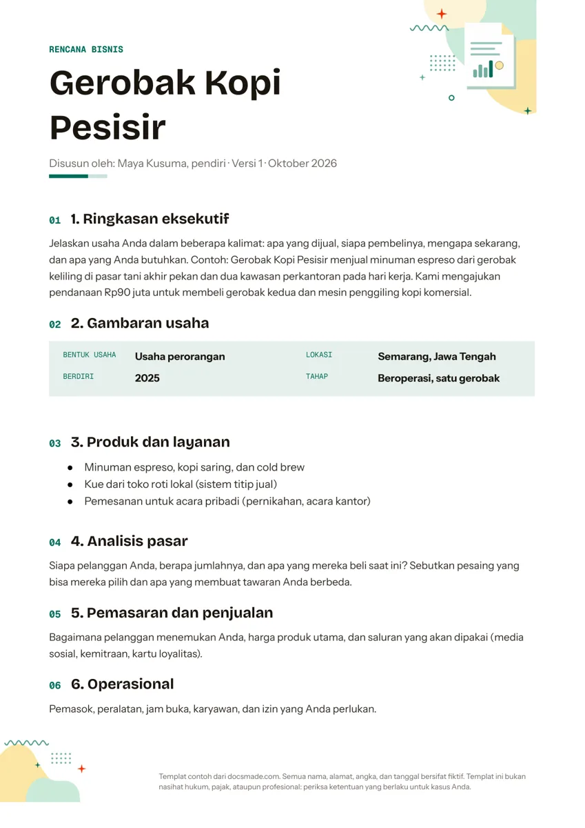 Template business plan di Google Docs, halaman pertama