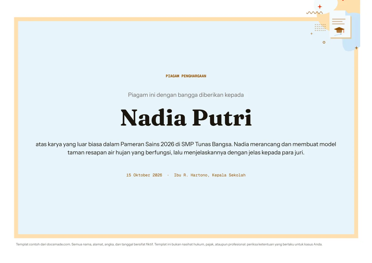 Template sertifikat penghargaan di Google Docs, halaman pertama