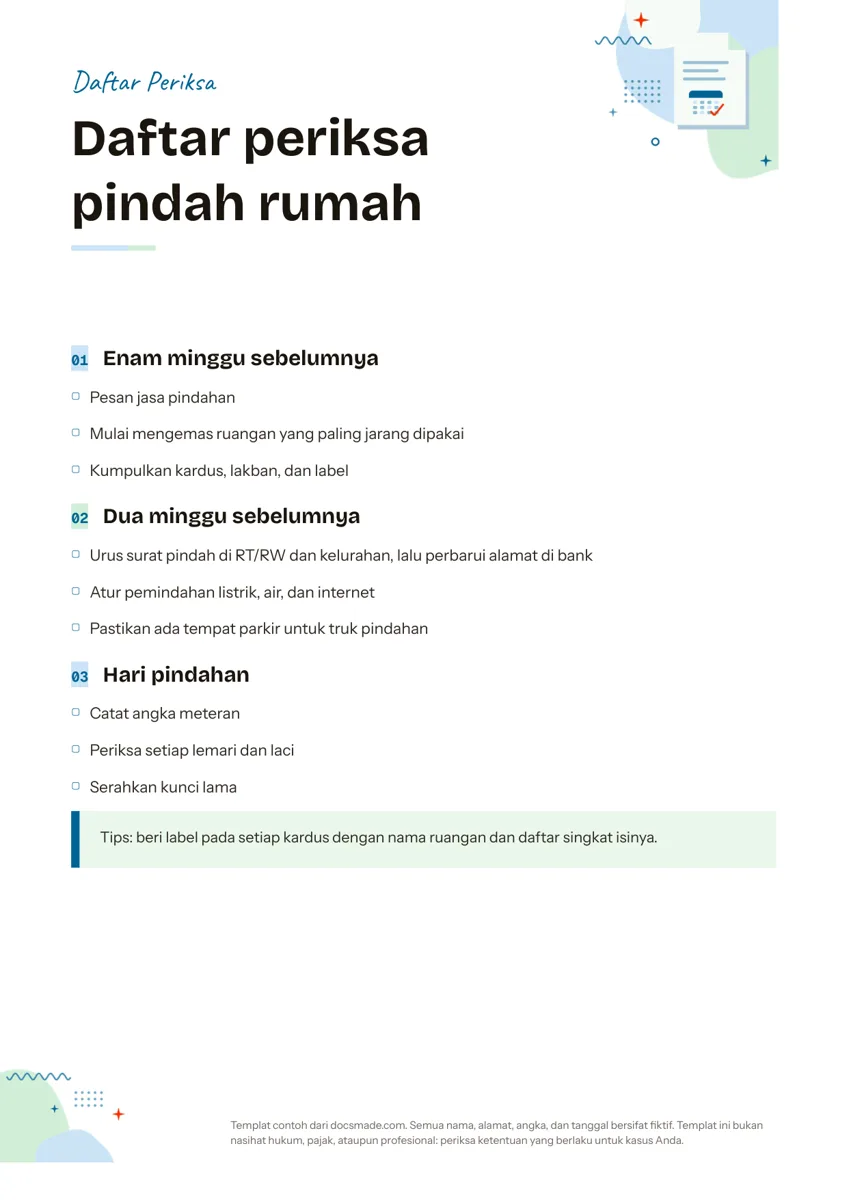 Template checklist di Google Docs, halaman pertama