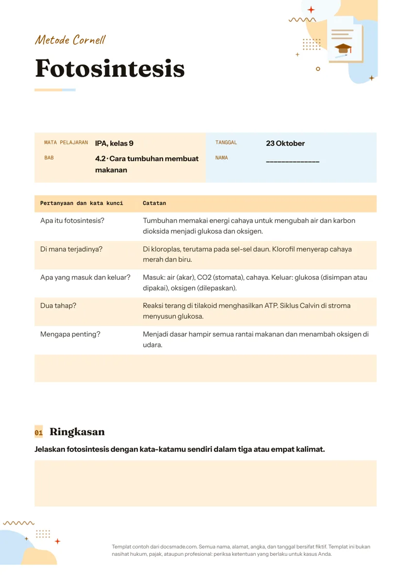 Template Cornell notes di Google Docs dengan contoh catatan fotosintesis