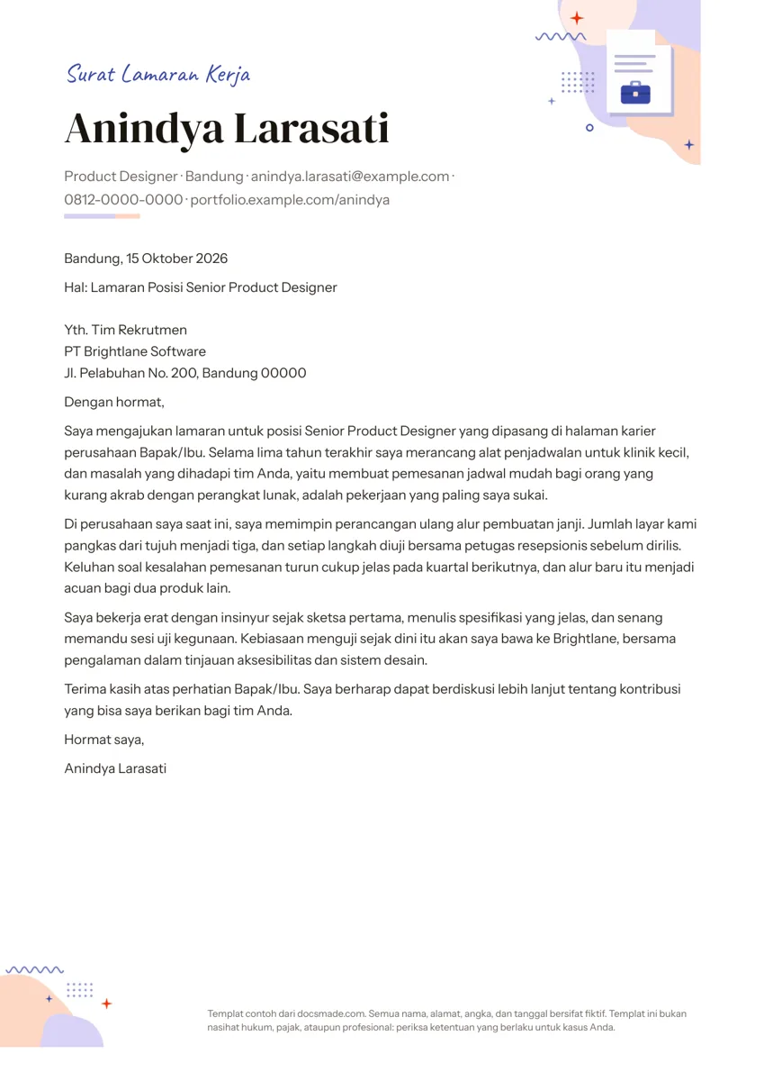 Template cover letter di Google Docs, halaman pertama