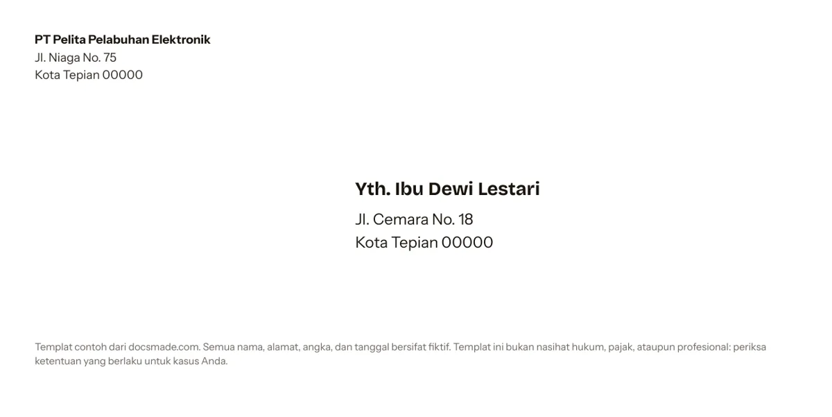 Contoh amplop surat ukuran DL di Google Docs dengan alamat pengirim dan tujuan