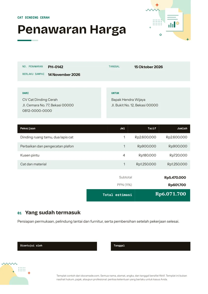 Template surat penawaran harga di Google Docs, halaman pertama