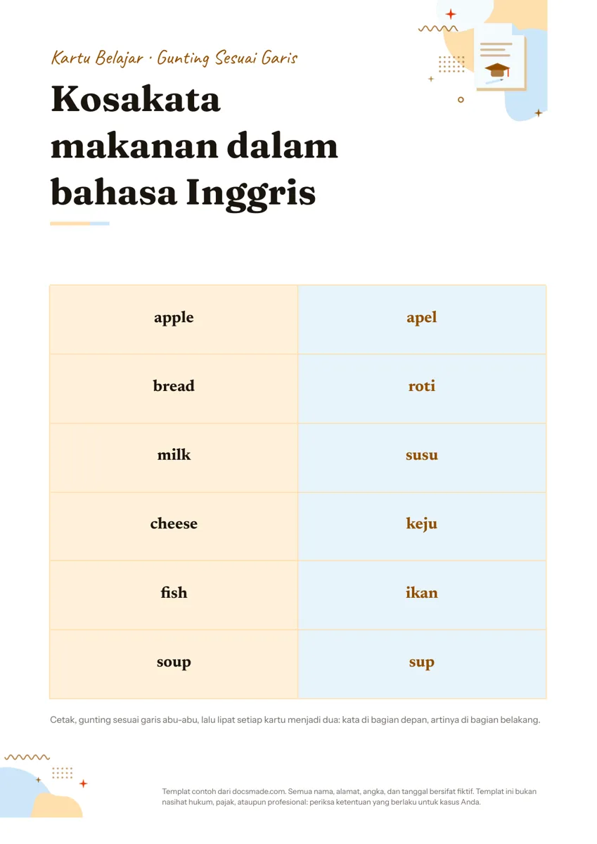 Template flashcard di Google Docs, halaman pertama