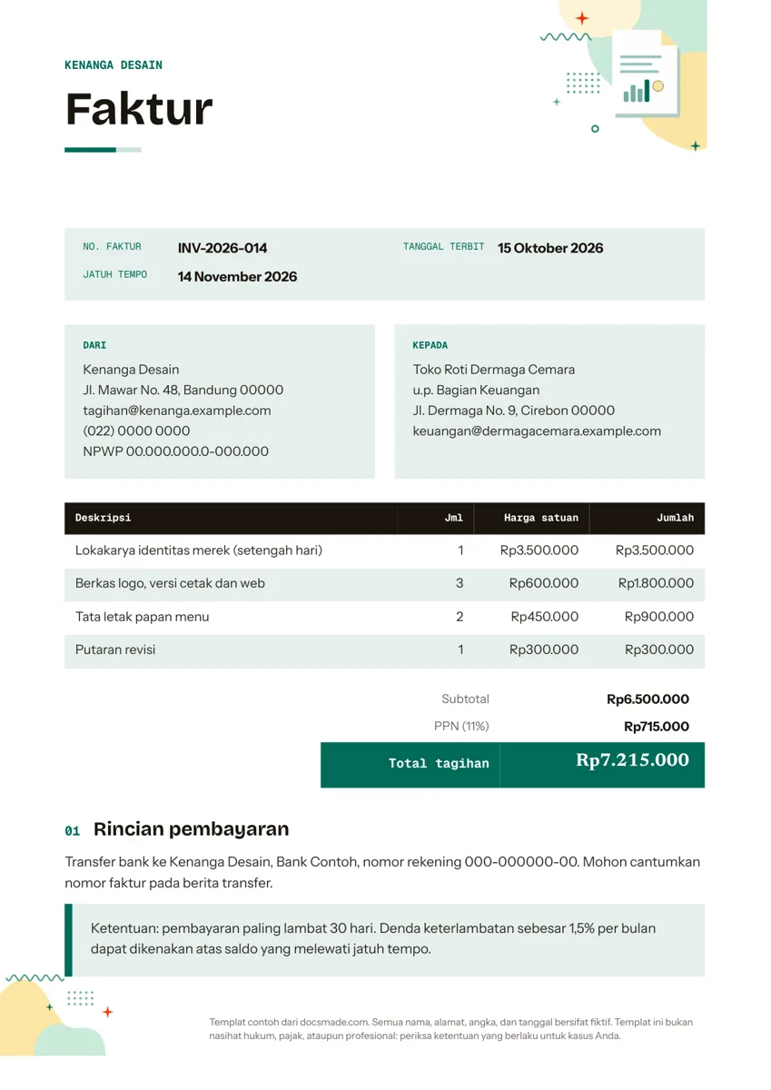 Template invoice di Google Docs, halaman pertama