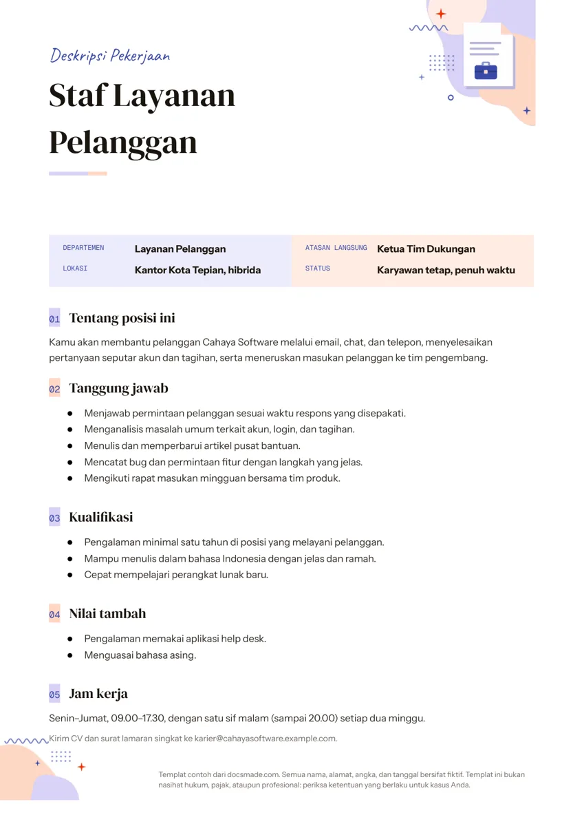 Contoh deskripsi pekerjaan di Google Docs untuk staf layanan pelanggan