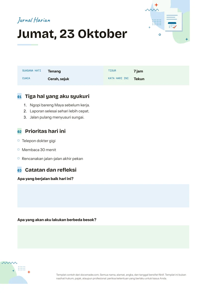 Template jurnal harian pribadi di Google Docs dengan bagian rasa syukur dan prioritas