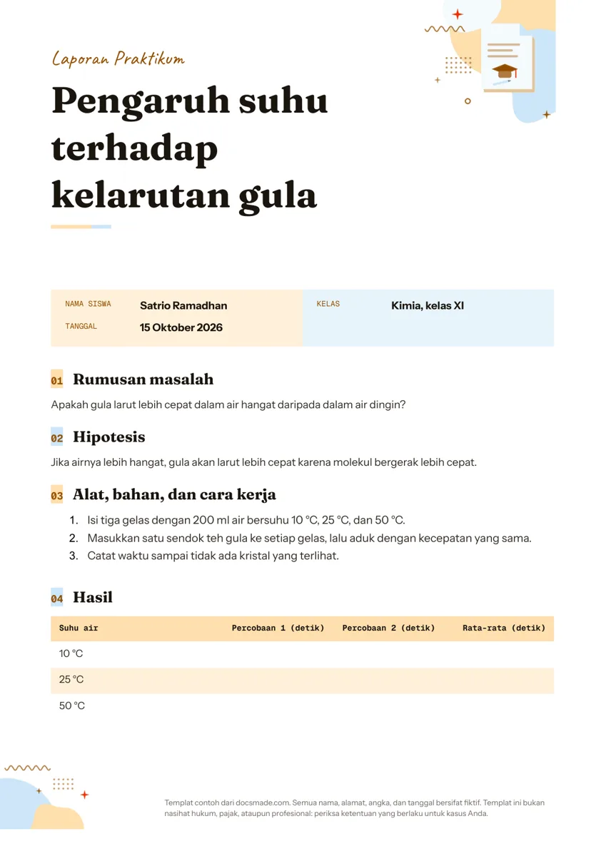 Template laporan praktikum di Google Docs, halaman pertama