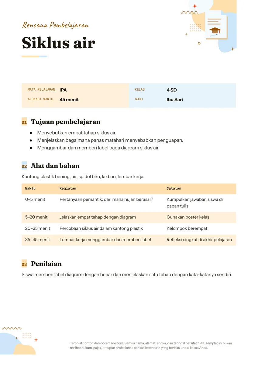 Template RPP rencana pembelajaran di Google Docs, halaman pertama