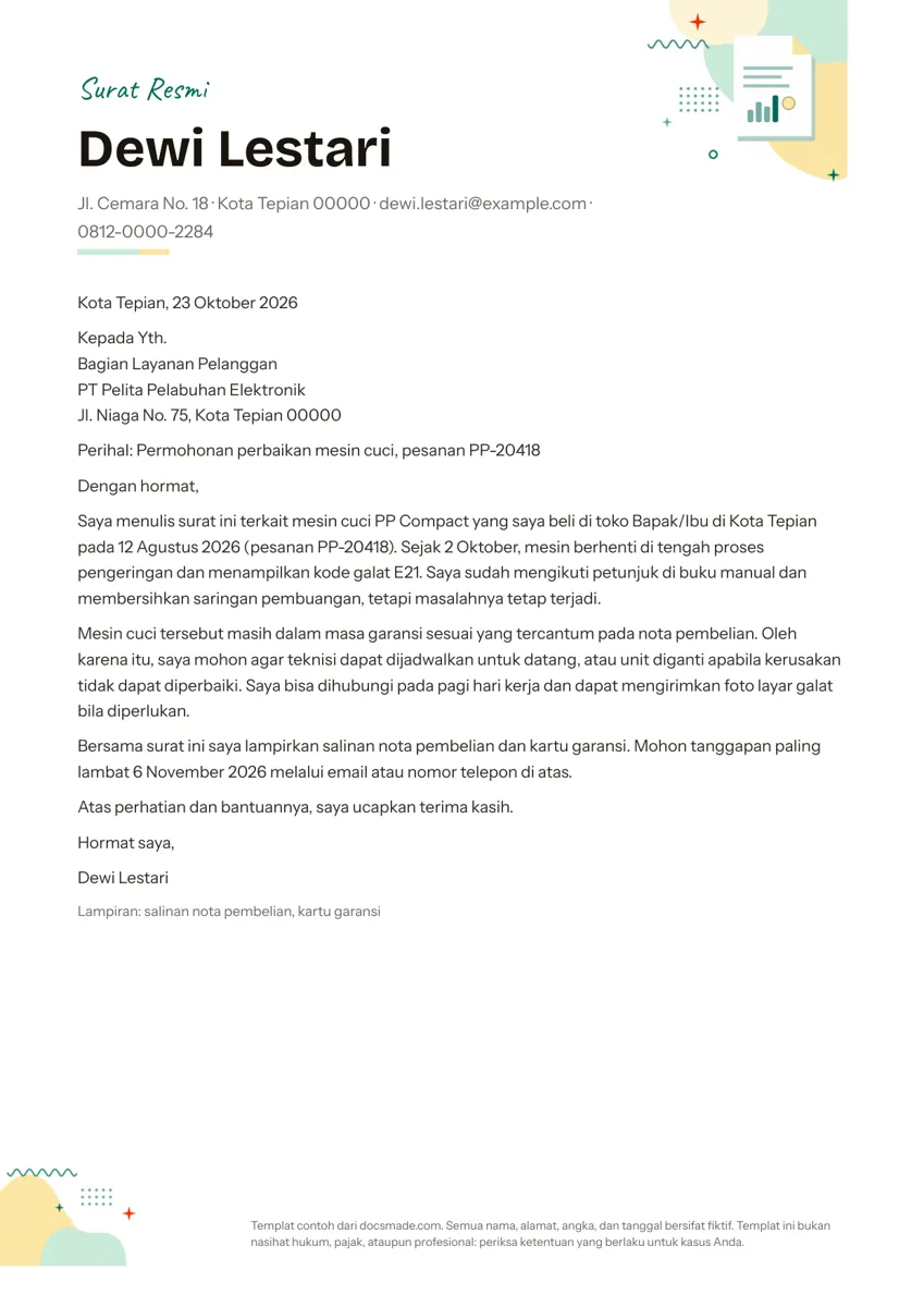 Contoh surat resmi di Google Docs dengan perihal dan isi surat