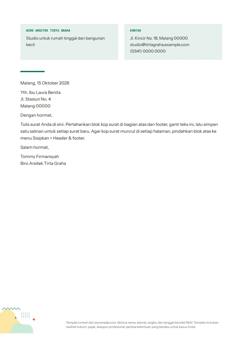 Template kop surat perusahaan di Google Docs, halaman pertama