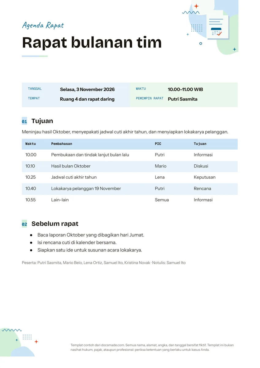 Contoh agenda rapat di Google Docs dengan tabel waktu dan PIC