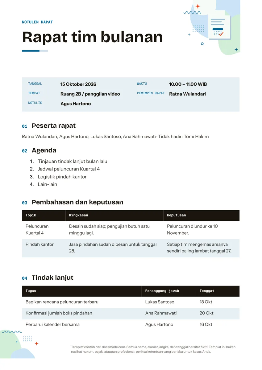 Template notulen rapat di Google Docs, halaman pertama