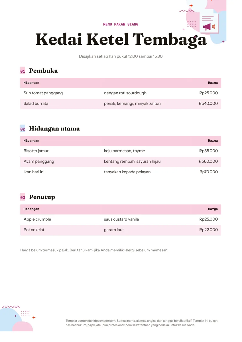 Template daftar menu makanan di Google Docs, halaman pertama