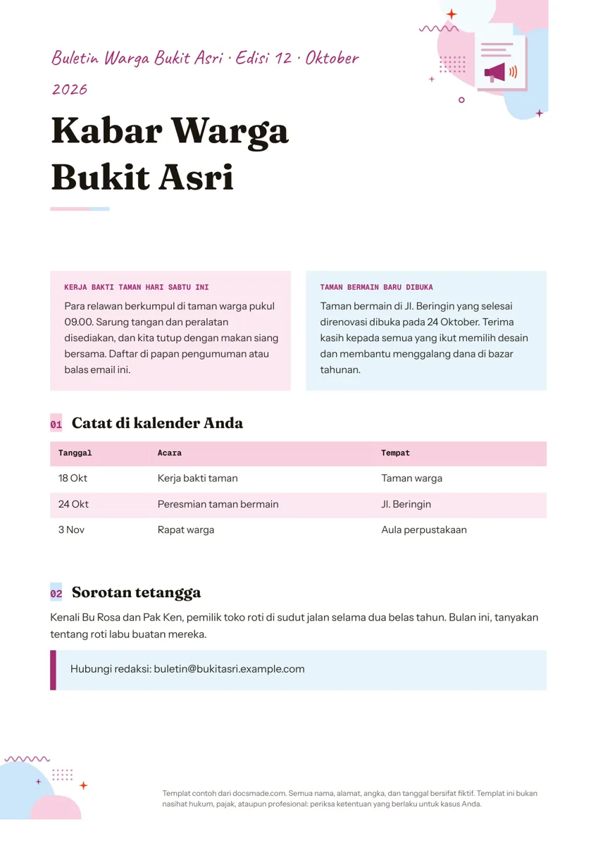 Template buletin warga di Google Docs, halaman pertama