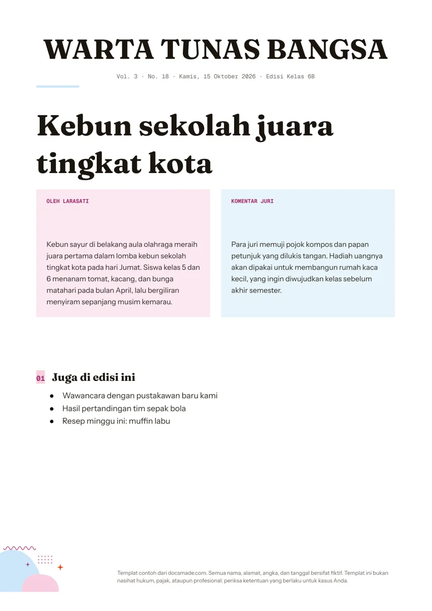 Template koran sekolah di Google Docs, halaman depan
