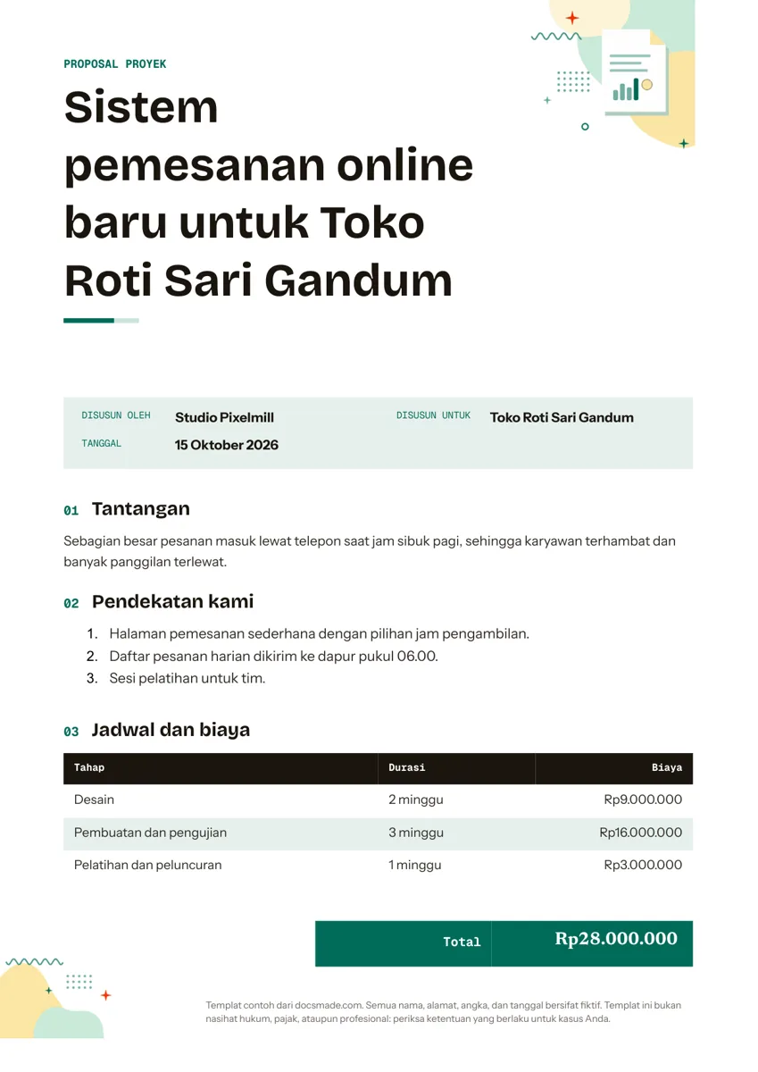 Template proposal proyek di Google Docs, halaman pertama