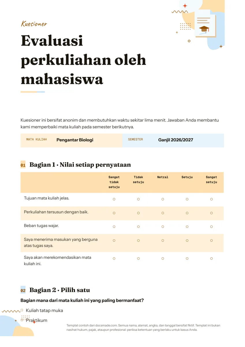 Template kuesioner evaluasi di Google Docs, halaman pertama