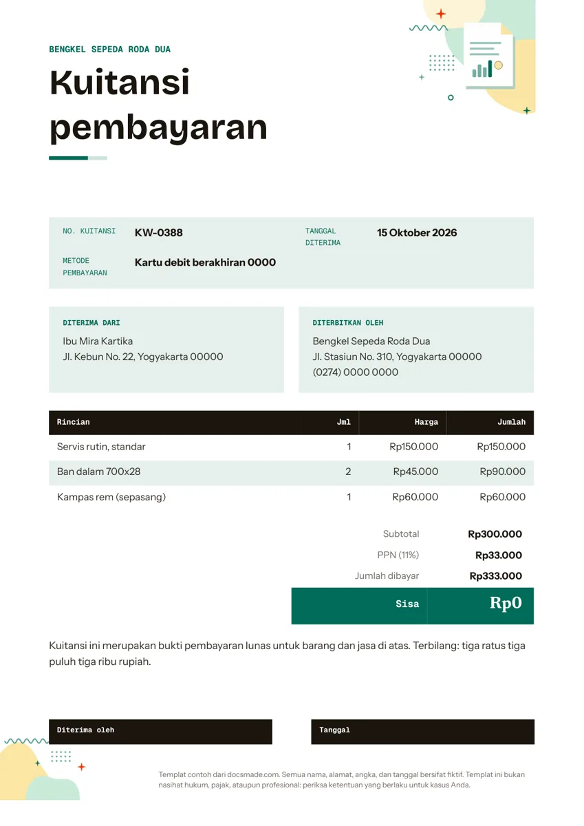 Template kuitansi pembayaran di Google Docs, halaman pertama