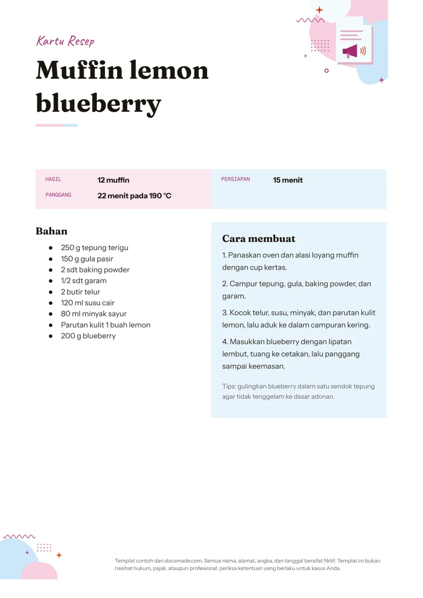 Template kartu resep di Google Docs, halaman pertama