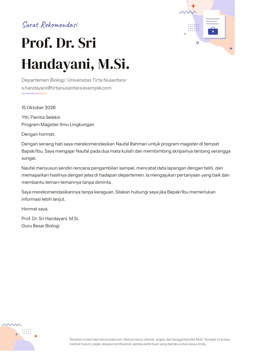 Template surat rekomendasi di Google Docs, halaman pertama