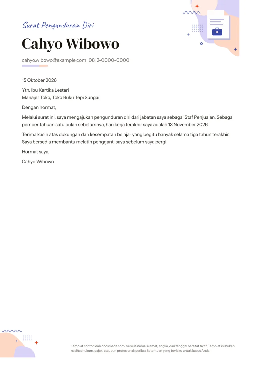 Template surat pengunduran diri di Google Docs, halaman pertama