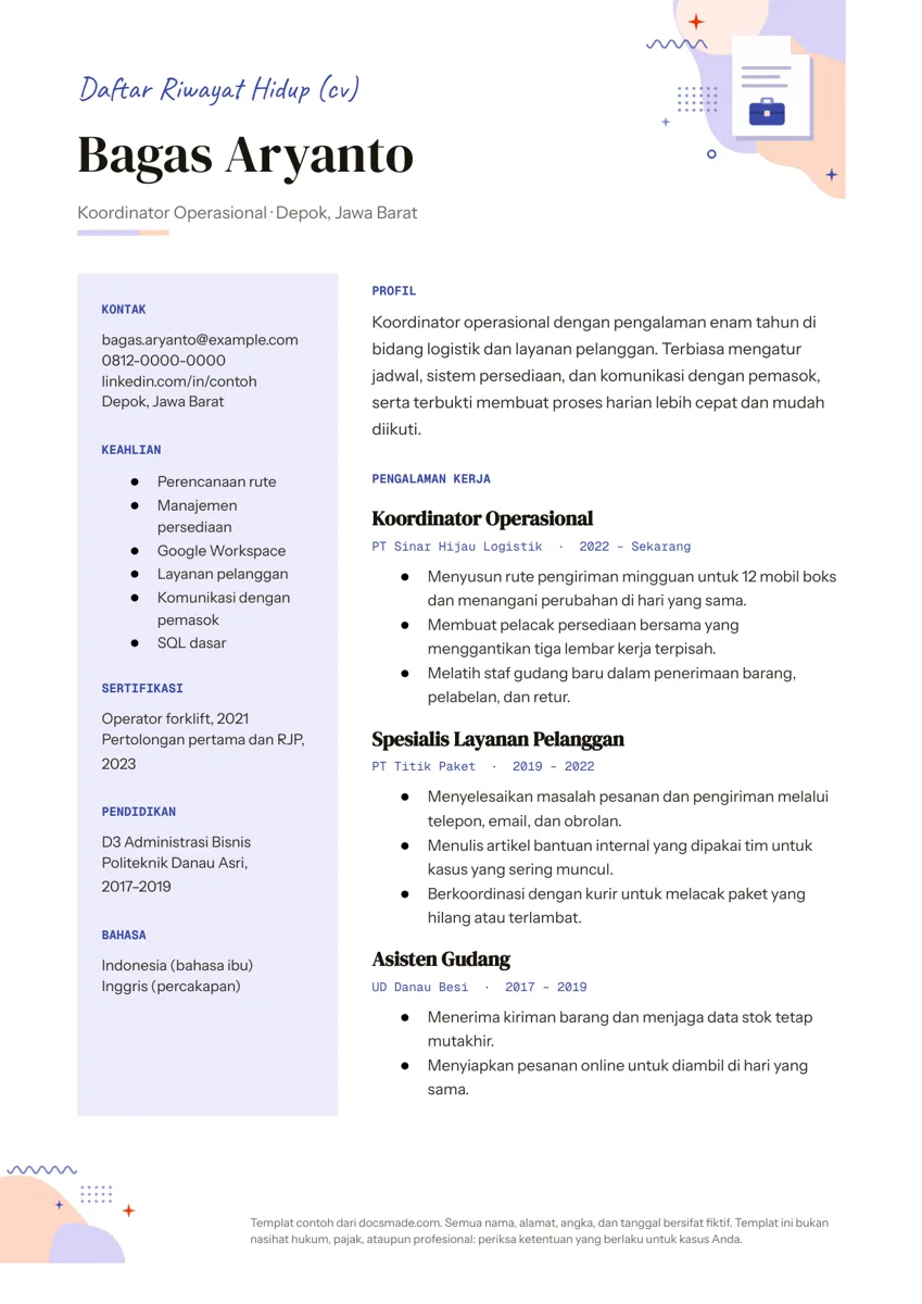 Template CV dua kolom di Google Docs, halaman pertama