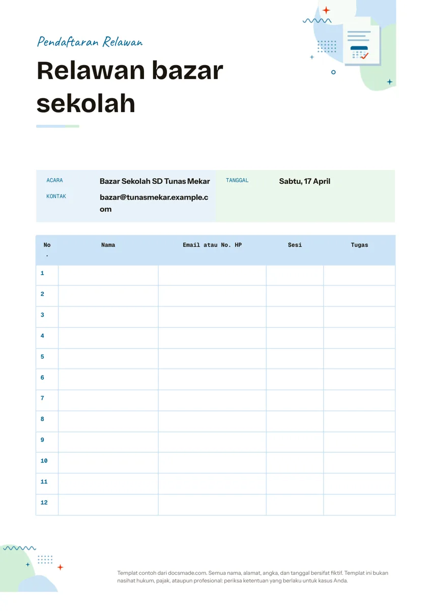 Template daftar pendaftaran relawan di Google Docs, halaman pertama