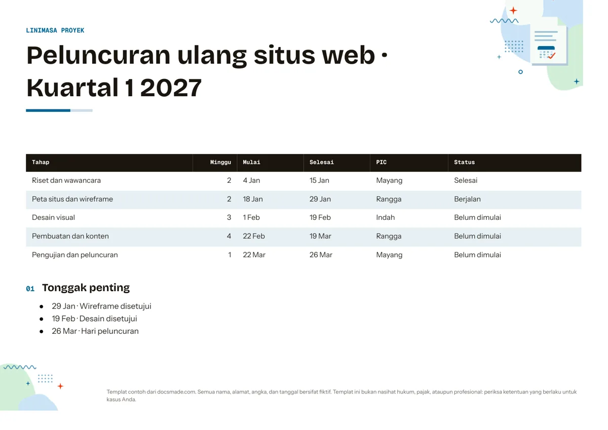 Template timeline proyek di Google Docs, halaman pertama