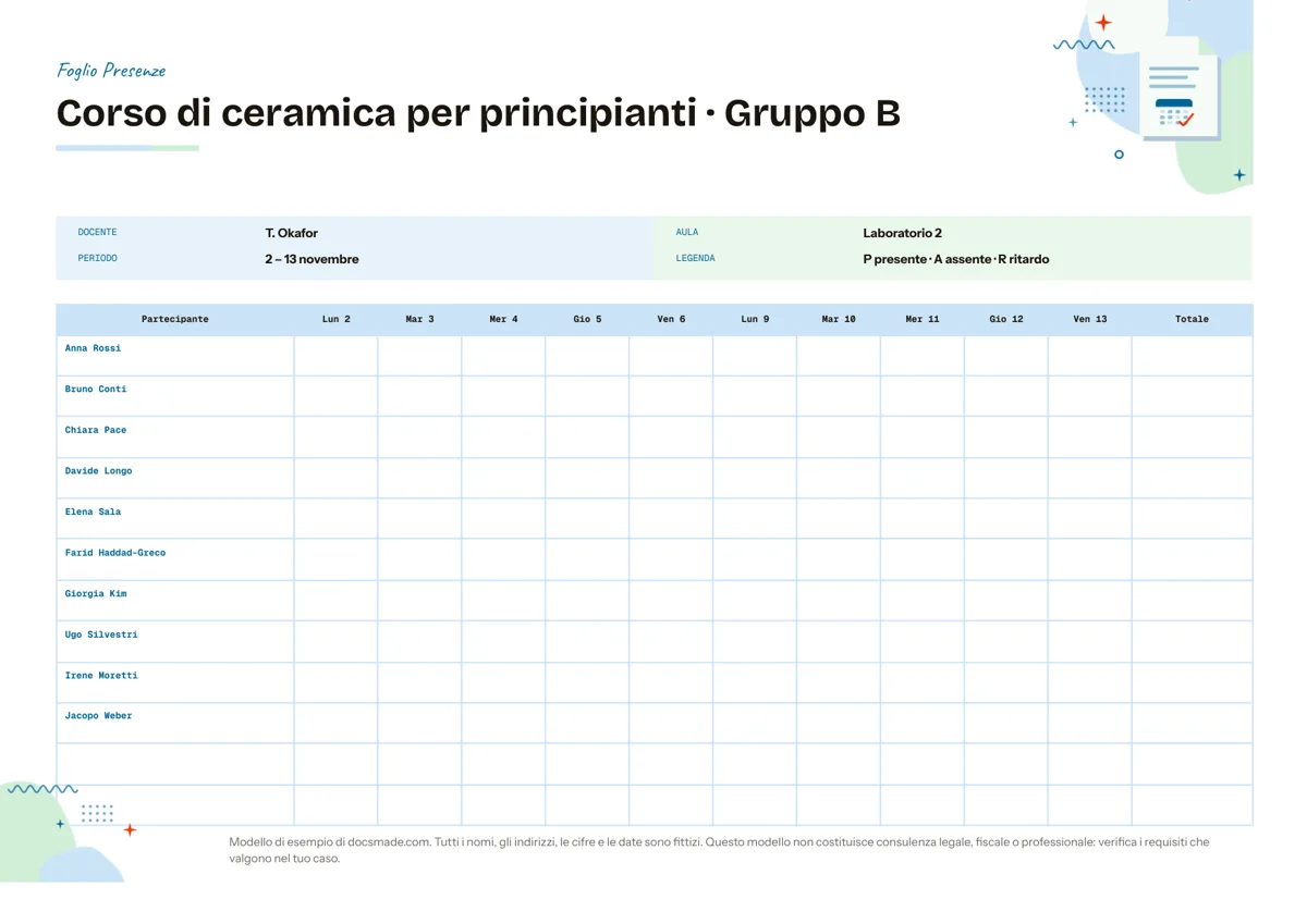 Modello di foglio presenze in Google Docs, griglia orizzontale con partecipanti e giorni di due settimane