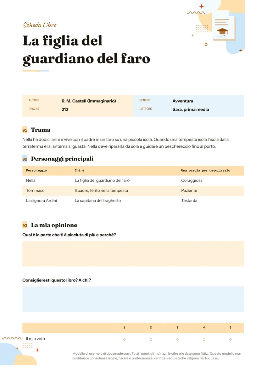 Modello di scheda libro in Google Docs con trama, personaggi e voto
